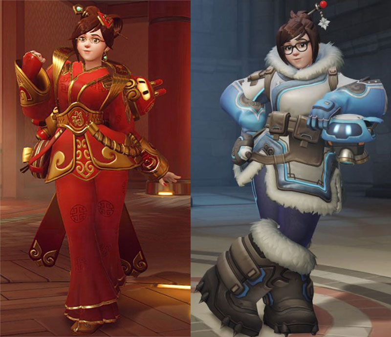 Mei’s CNY skin on the left, with her regular outfit on the right. Some people saw a slimmer waist. Others saw a lady who normally wears a lotta layers wearing something less insulated.